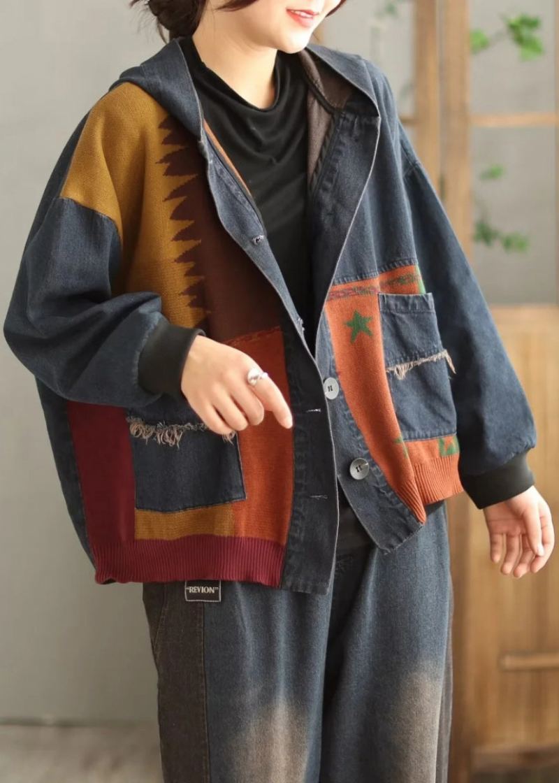 Grande Taille Bleu À Capuche Poches Patchwork Denim Manteau Printemps - Manteaux d'hiver femmes