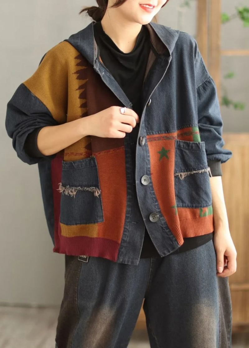 Grande Taille Bleu À Capuche Poches Patchwork Denim Manteau Printemps - Manteaux d'hiver femmes