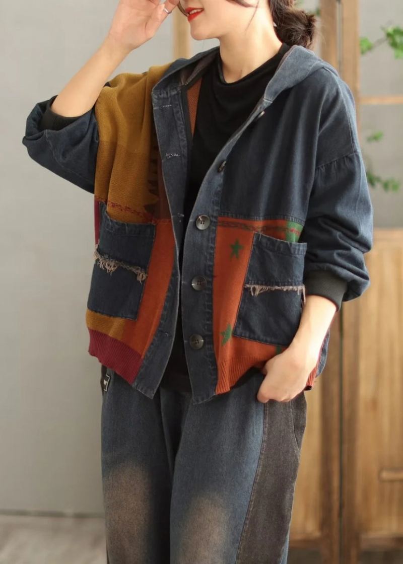 Grande Taille Bleu À Capuche Poches Patchwork Denim Manteau Printemps - Manteaux d'hiver femmes