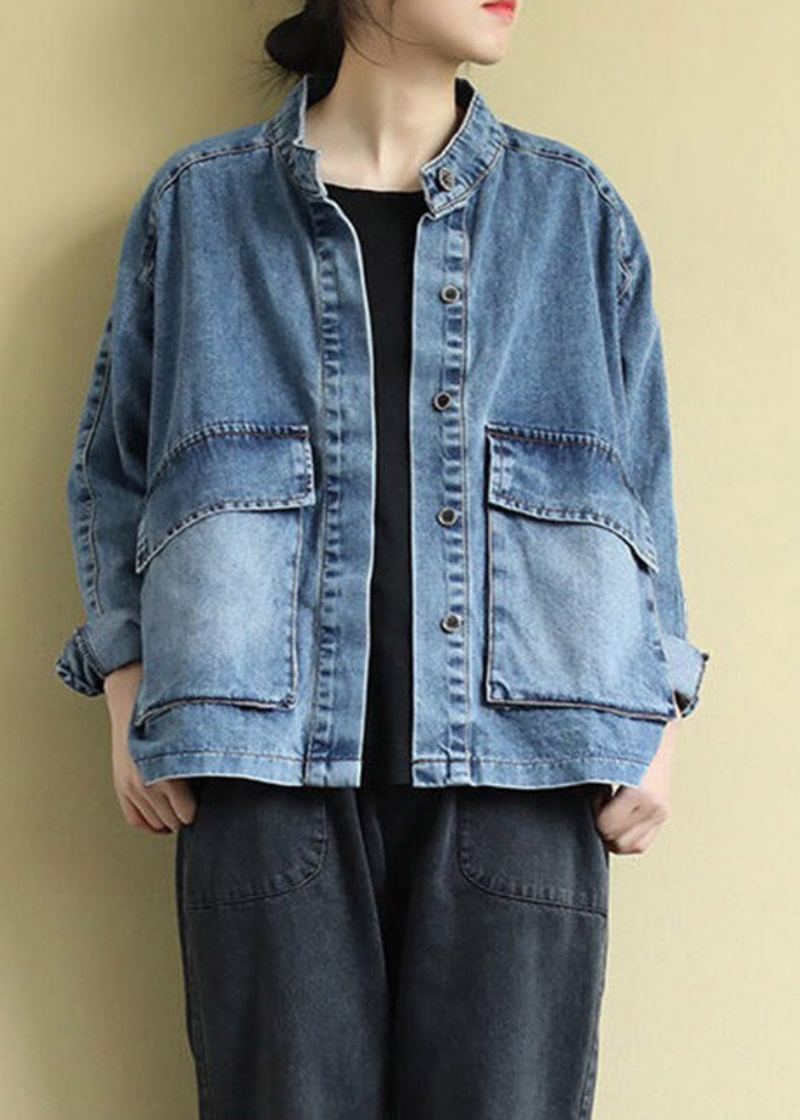 Grande Taille Bleu Col Montant Patchwork Bouton Denim Manteaux À Manches Longues - Manteaux d'hiver femmes