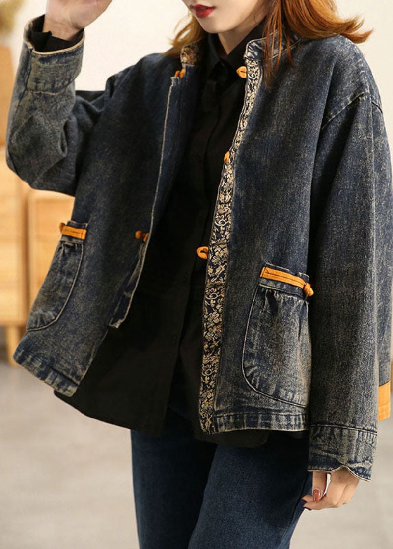 Grande Taille Bleu Col Montant Poches À Boutons Orientaux Patchwork Coton Denim Manteau Vêtements D'extérieur À Manches Longues