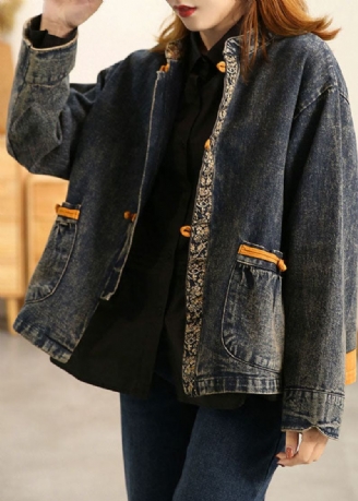 Grande Taille Bleu Col Montant Poches À Boutons Orientaux Patchwork Coton Denim Manteau Vêtements D'extérieur À Manches Longues