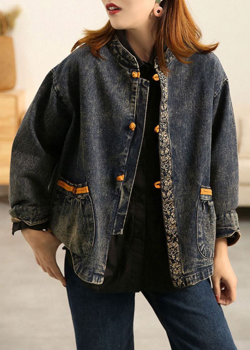 Grande Taille Bleu Col Montant Poches À Boutons Orientaux Patchwork Coton Denim Manteau Vêtements D'extérieur À Manches Longues - Manteaux d'hiver femmes