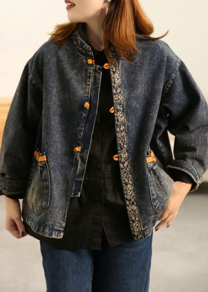 Grande Taille Bleu Col Montant Poches À Boutons Orientaux Patchwork Coton Denim Manteau Vêtements D'extérieur À Manches Longues - Manteaux d'hiver femmes