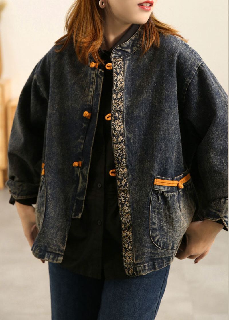 Grande Taille Bleu Col Montant Poches À Boutons Orientaux Patchwork Coton Denim Manteau Vêtements D'extérieur À Manches Longues - Manteaux d'hiver femmes