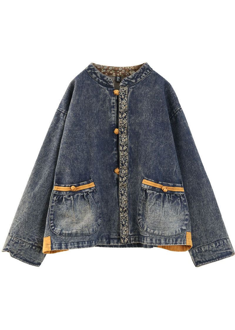 Grande Taille Bleu Col Montant Poches À Boutons Orientaux Patchwork Coton Denim Manteau Vêtements D'extérieur À Manches Longues - Manteaux d'hiver femmes