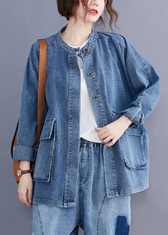 Grande Taille Bleu Col Montant Poches Patchwork Denim Manteaux Automne