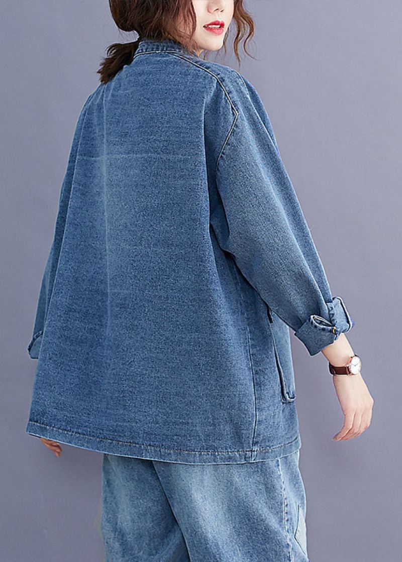 Grande Taille Bleu Col Montant Poches Patchwork Denim Manteaux Automne - Manteaux d'hiver femmes