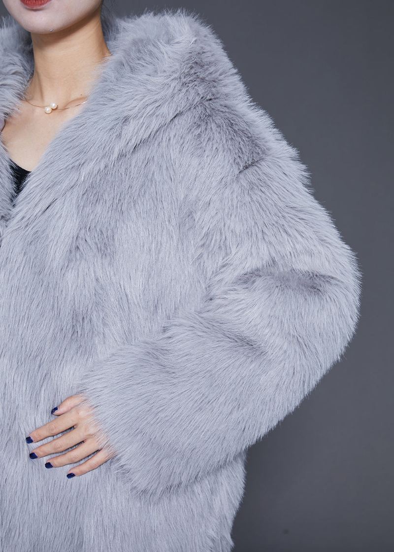 Grande Taille Gris Surdimensionné Chaud Fourrure Floue Veste À Capuche Moelleuse Hiver - Manteaux d'hiver femmes