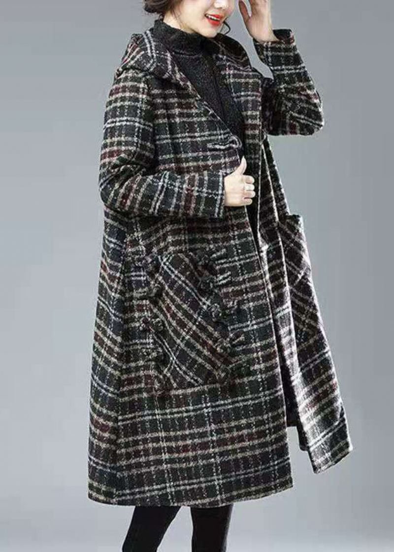 Grande Taille Noir Chocolat Plaid À Capuche Poches Épais Laine Trench Hiver