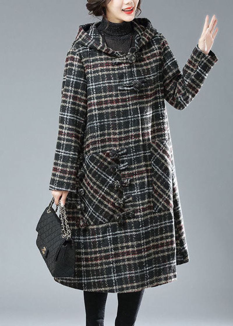 Grande Taille Noir Chocolat Plaid À Capuche Poches Épais Laine Trench Hiver - Plaid Café Noir