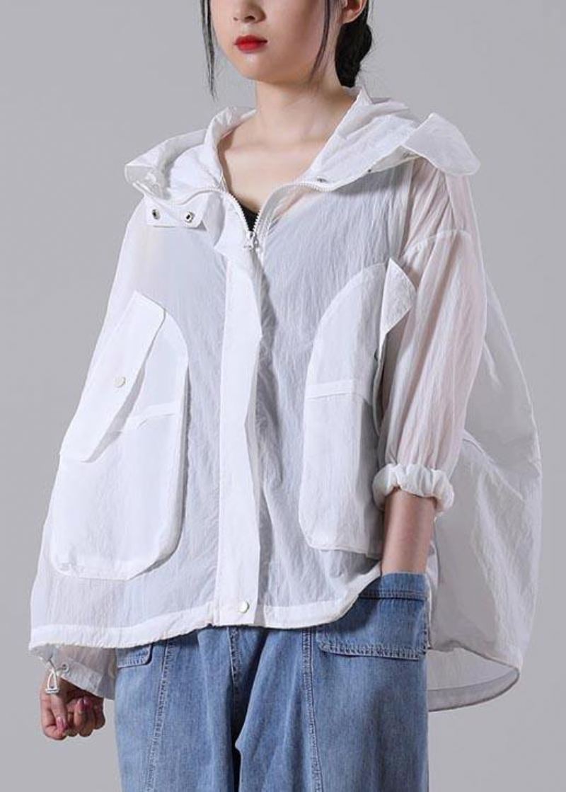 Grande Taille Poche Blanche Upf 50+ Manteau Veste À Capuche Vêtements D'extérieur Été - Blanc