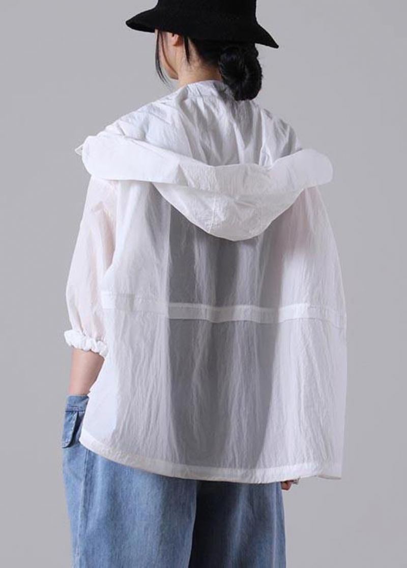 Grande Taille Poche Blanche Upf 50+ Manteau Veste À Capuche Vêtements D'extérieur Été - Blanc