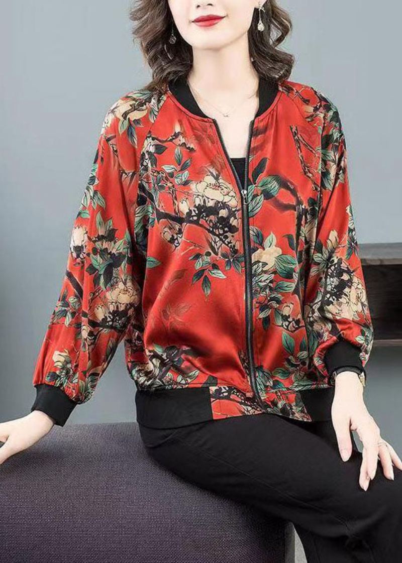 Grande Taille Rouge Col Rond Imprimé Fermeture Éclair Patchwork Veste En Soie Printemps