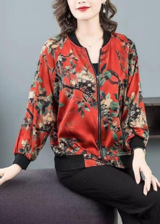 Grande Taille Rouge Col Rond Imprimé Fermeture Éclair Patchwork Veste En Soie Printemps