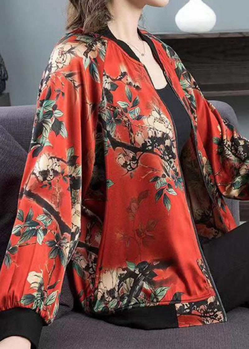 Grande Taille Rouge Col Rond Imprimé Fermeture Éclair Patchwork Veste En Soie Printemps - Manteaux d'hiver femmes