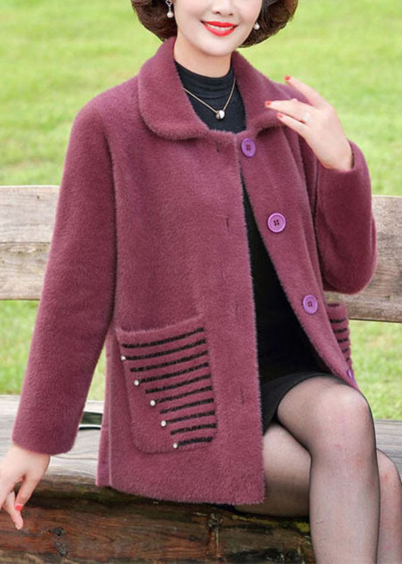 Grande Taille Violet Col Claudine Rayé Poches Vison Cheveux Tricoté Manteau Hiver