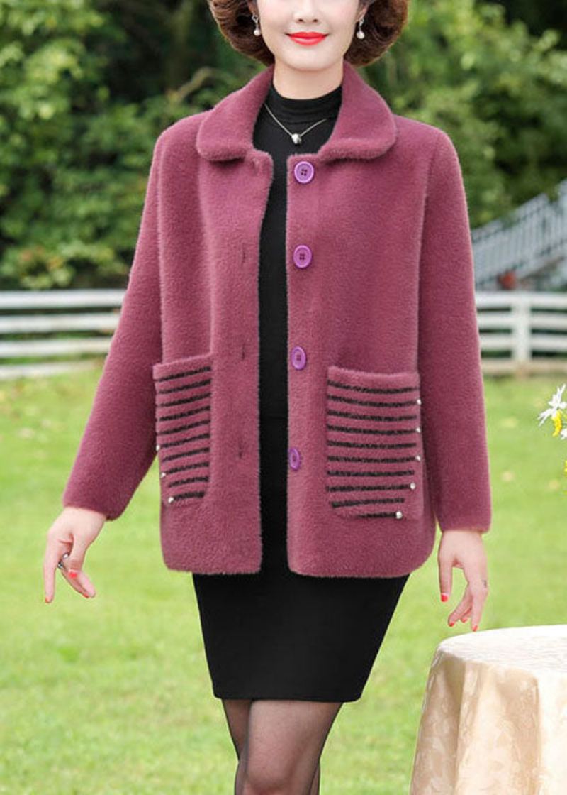 Grande Taille Violet Col Claudine Rayé Poches Vison Cheveux Tricoté Manteau Hiver - Violet