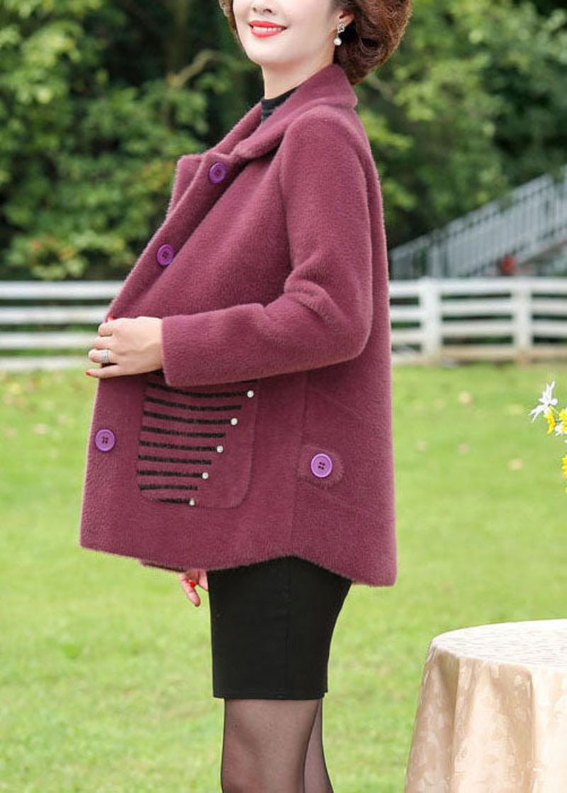 Grande Taille Violet Col Claudine Rayé Poches Vison Cheveux Tricoté Manteau Hiver - Violet