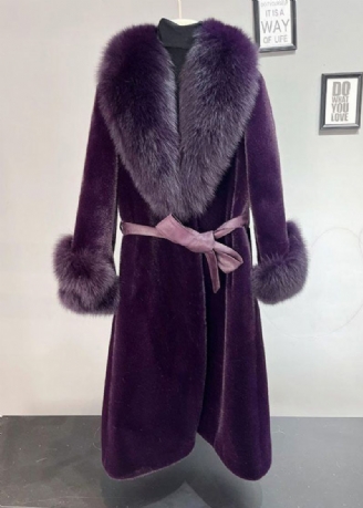 Grande Taille Violet Terne Col De Renard Cravate Vison Velours Trench Hiver