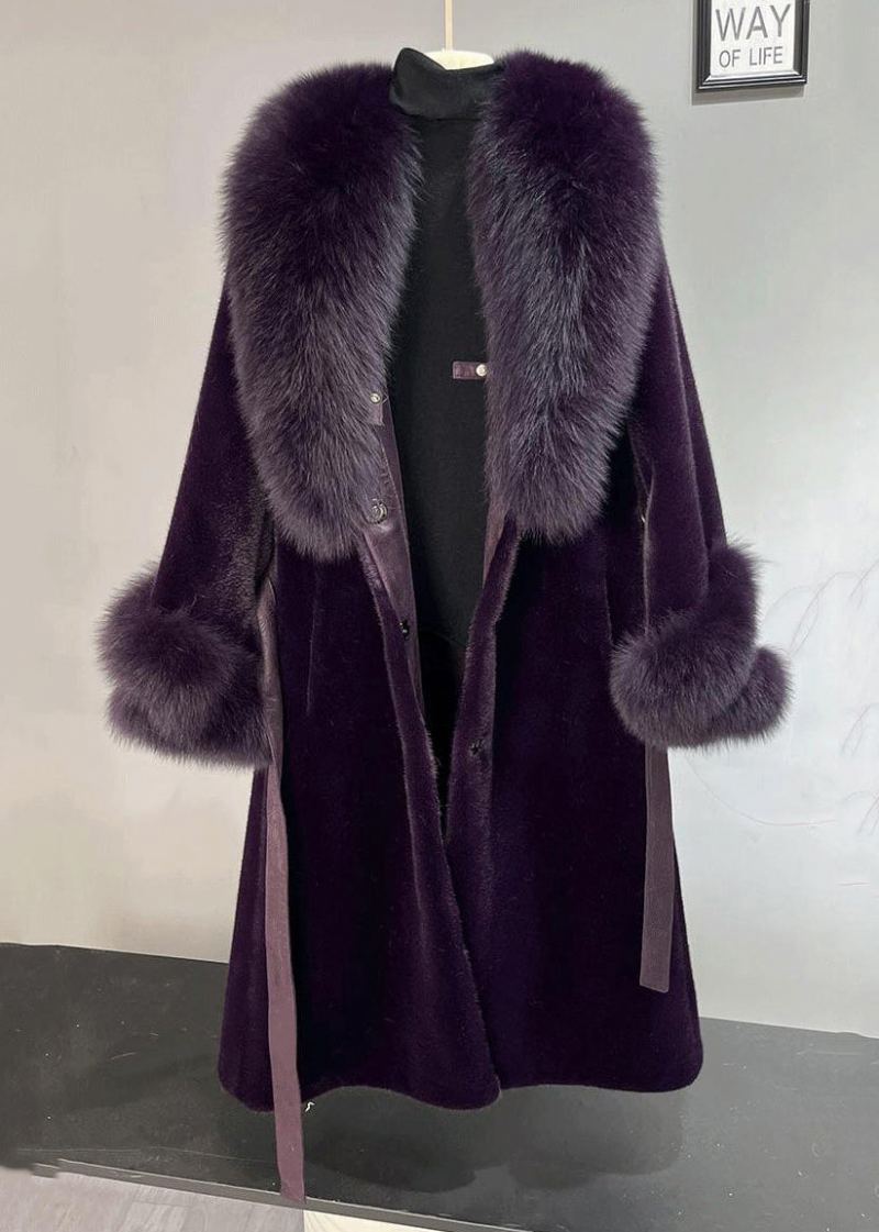 Grande Taille Violet Terne Col De Renard Cravate Vison Velours Trench Hiver - Manteaux d'hiver femmes