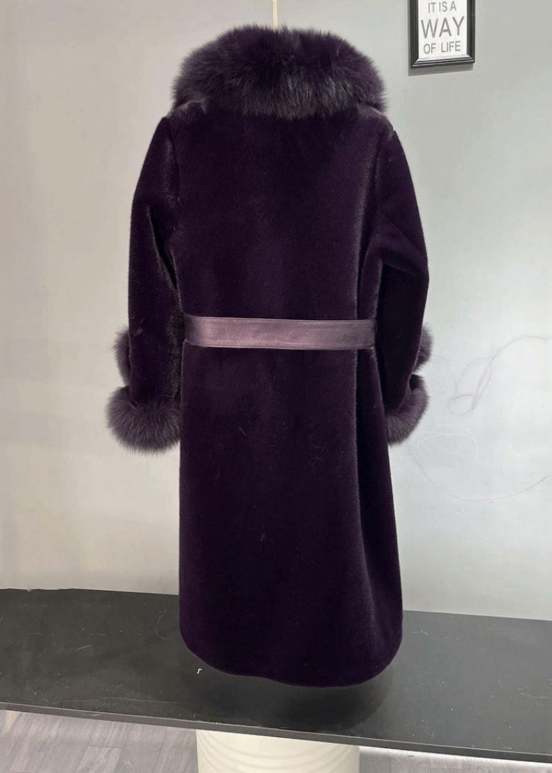 Grande Taille Violet Terne Col De Renard Cravate Vison Velours Trench Hiver - Manteaux d'hiver femmes