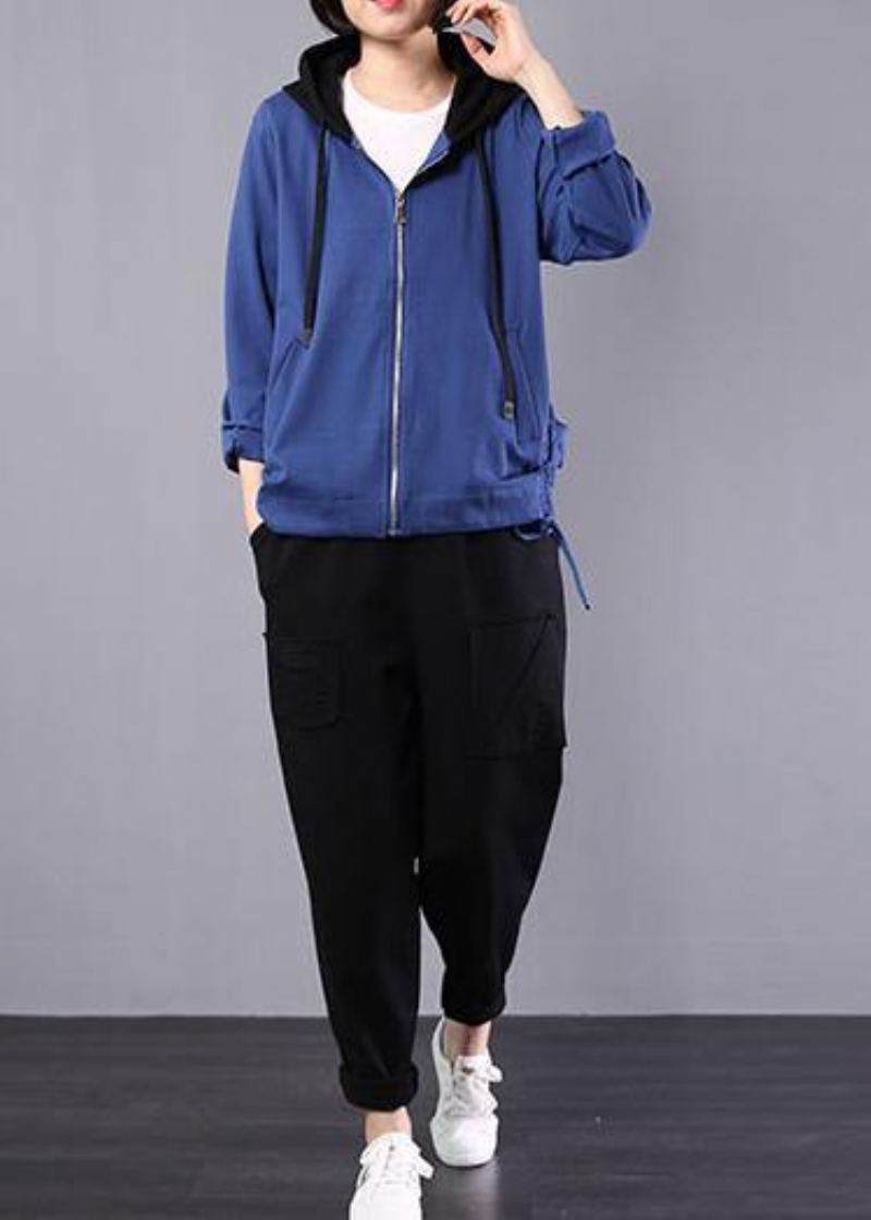 Haut En Lin Et Coton Bleu Ample Pour Femme Manteau Court Surdimensionné À Capuche Automne - Manteaux d'hiver femmes