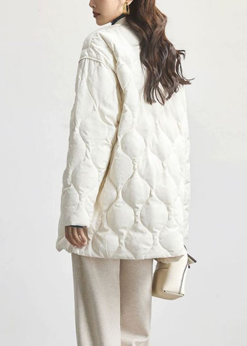 Jacquard Beige Col V Bouton Patchwork Manteau En Duvet De Canard Printemps - Manteaux d'hiver femmes