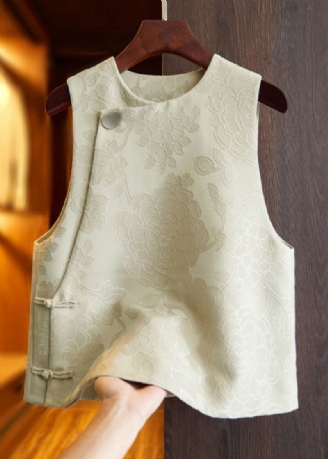 Jacquard Blanc Tan O Cou Bouton Patchwork Gilet En Soie Sans Manches