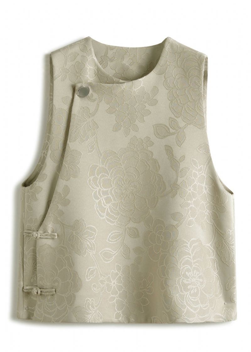 Jacquard Blanc Tan O Cou Bouton Patchwork Gilet En Soie Sans Manches - Manteaux d'hiver femmes