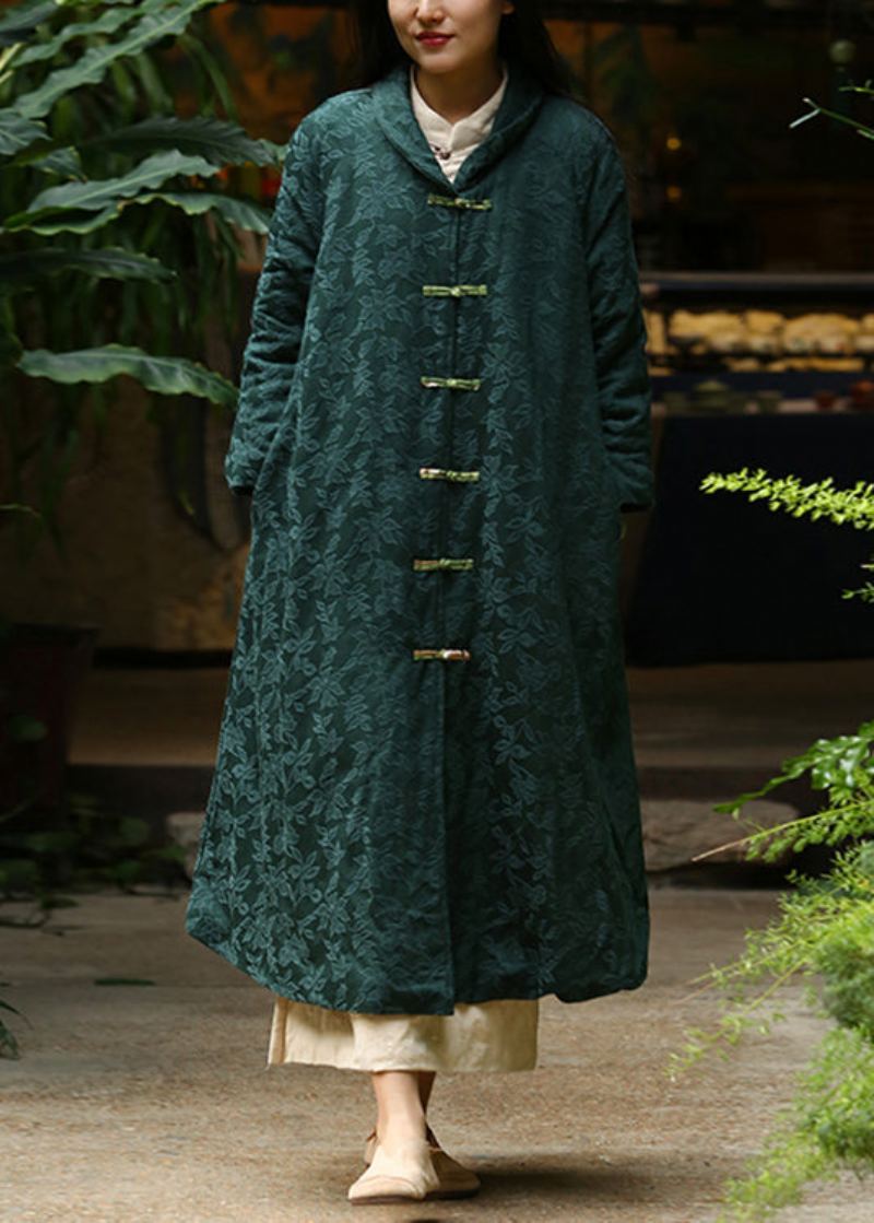 Jacquard Noirâtre Vert Bouton Poches Chaud Polaire Long Manteau Hiver