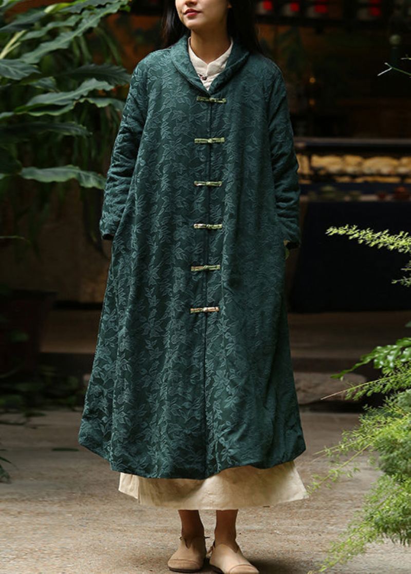 Jacquard Noirâtre Vert Bouton Poches Chaud Polaire Long Manteau Hiver - Manteaux d'hiver femmes