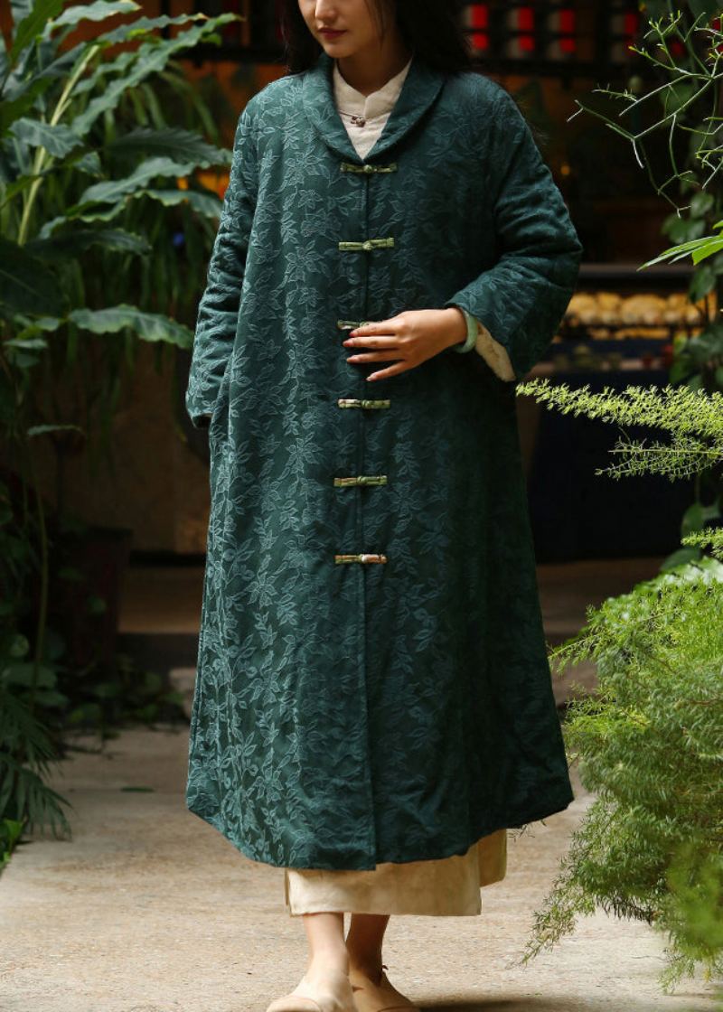 Jacquard Noirâtre Vert Bouton Poches Chaud Polaire Long Manteau Hiver - Manteaux d'hiver femmes