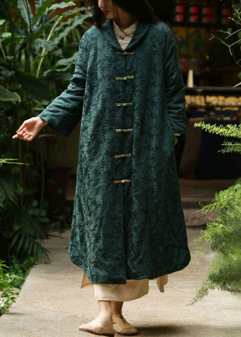 Jacquard Noirâtre Vert Bouton Poches Chaud Polaire Long Manteau Hiver - Manteaux d'hiver femmes