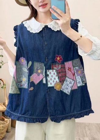 Joli Gilet Boutonné En Patchwork Brodé Bleu Marine Sans Manches