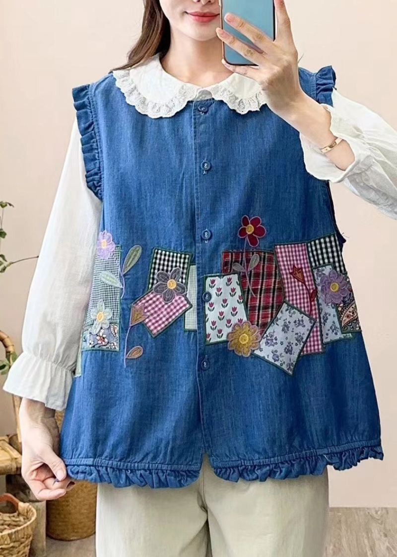 Joli Gilet Boutonné En Patchwork Brodé Bleu Marine Sans Manches - Marine