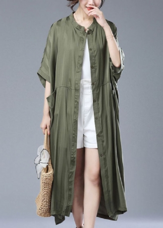 Lâche Armée Vert Rayé Poches Patchwork Long Trench Manteau Été