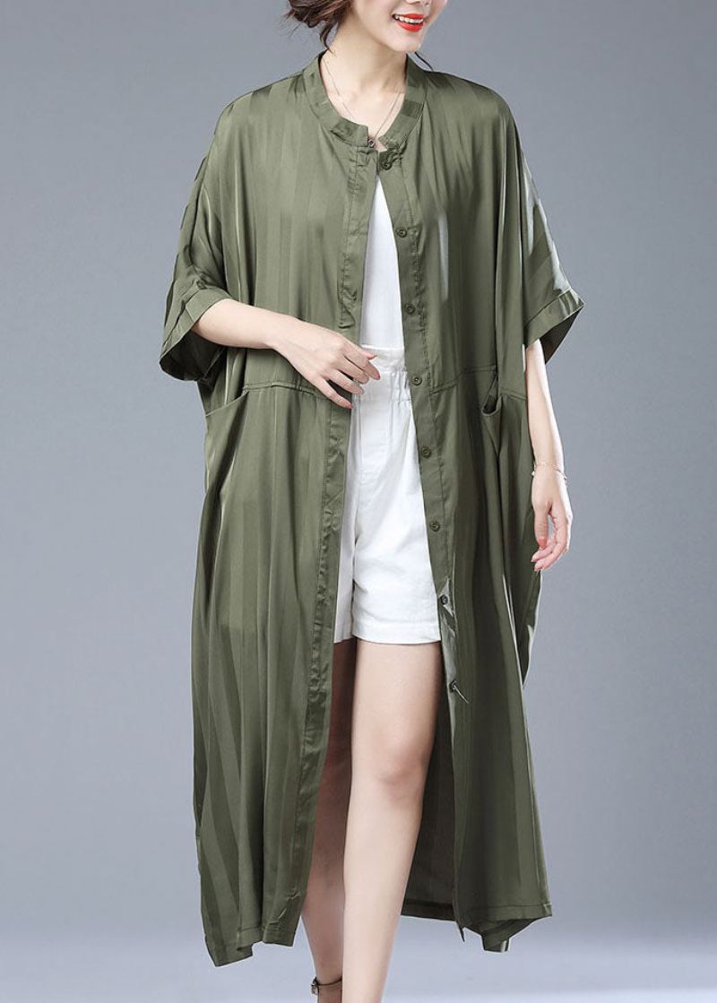 Lâche Armée Vert Rayé Poches Patchwork Long Trench Manteau Été - Manteaux d'hiver femmes