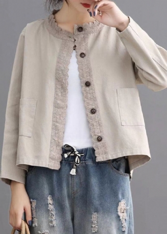 Lâche Beige Rétro Denim Poches Manteaux Décontractés Automne