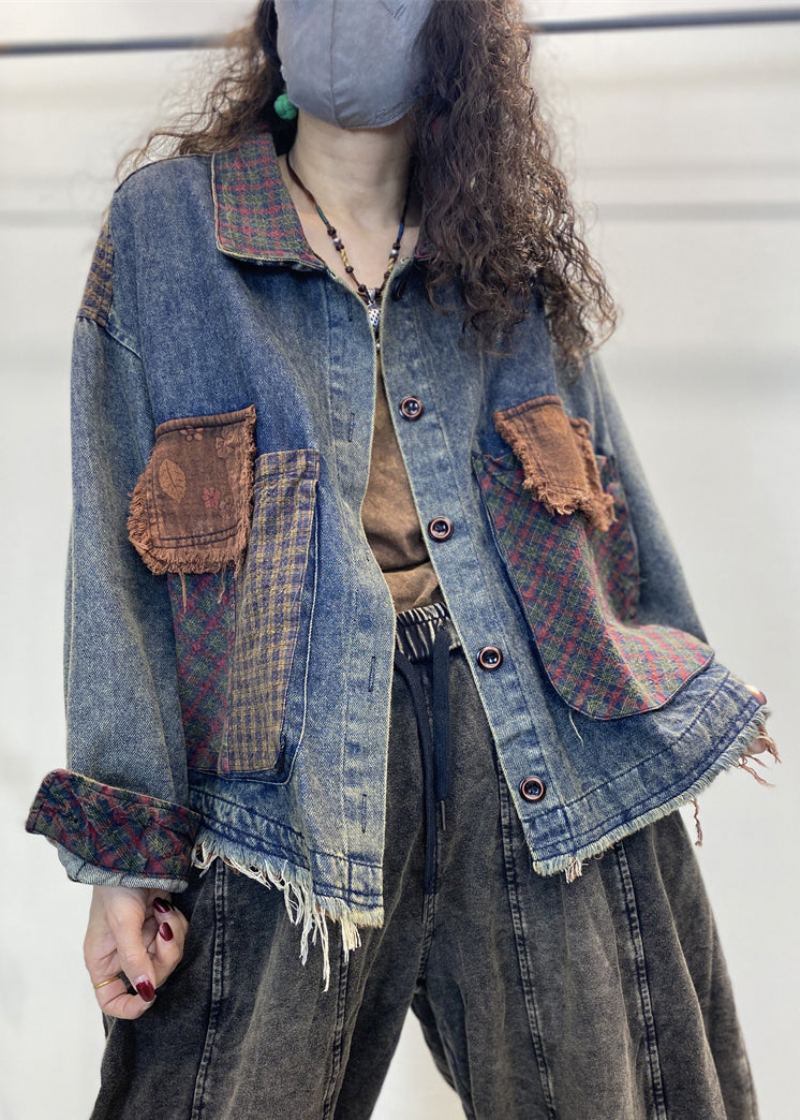 Lâche Bleu Bouton Poches Patchwork Denim Manteaux Automne