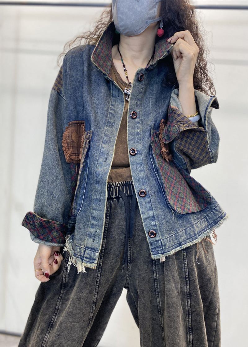 Lâche Bleu Bouton Poches Patchwork Denim Manteaux Automne - Manteaux d'hiver femmes