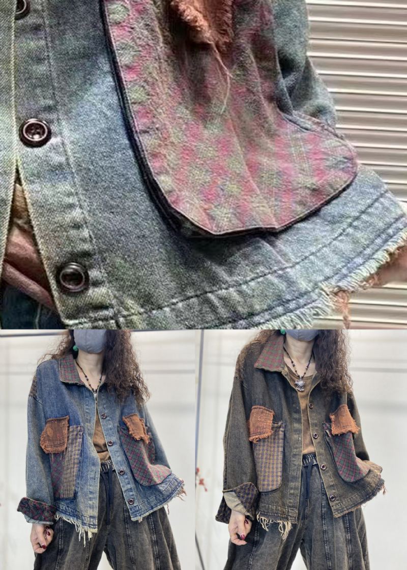 Lâche Bleu Bouton Poches Patchwork Denim Manteaux Automne - Manteaux d'hiver femmes