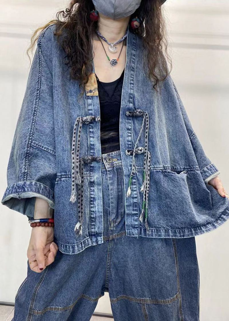 Lâche Bleu Col En V Bouton Patchwork Denim Manteaux À Manches Longues