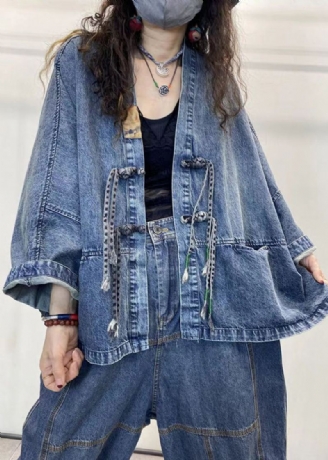 Lâche Bleu Col En V Bouton Patchwork Denim Manteaux À Manches Longues