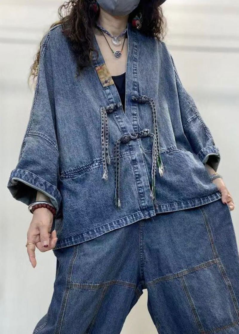 Lâche Bleu Col En V Bouton Patchwork Denim Manteaux À Manches Longues - Manteaux d'hiver femmes