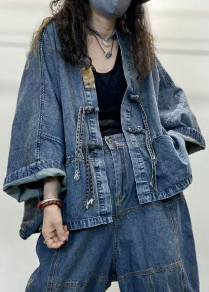 Lâche Bleu Col En V Bouton Patchwork Denim Manteaux À Manches Longues - Manteaux d'hiver femmes