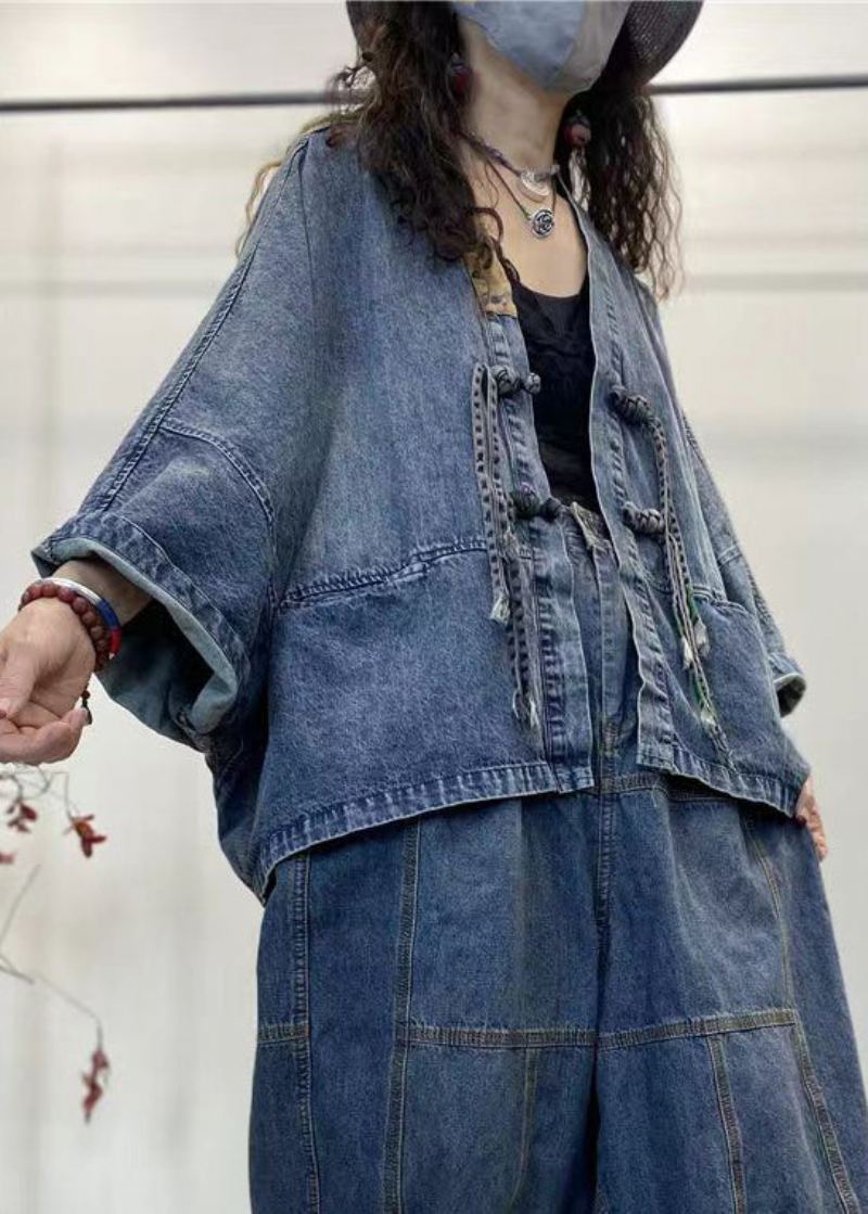 Lâche Bleu Col En V Bouton Patchwork Denim Manteaux À Manches Longues - Manteaux d'hiver femmes