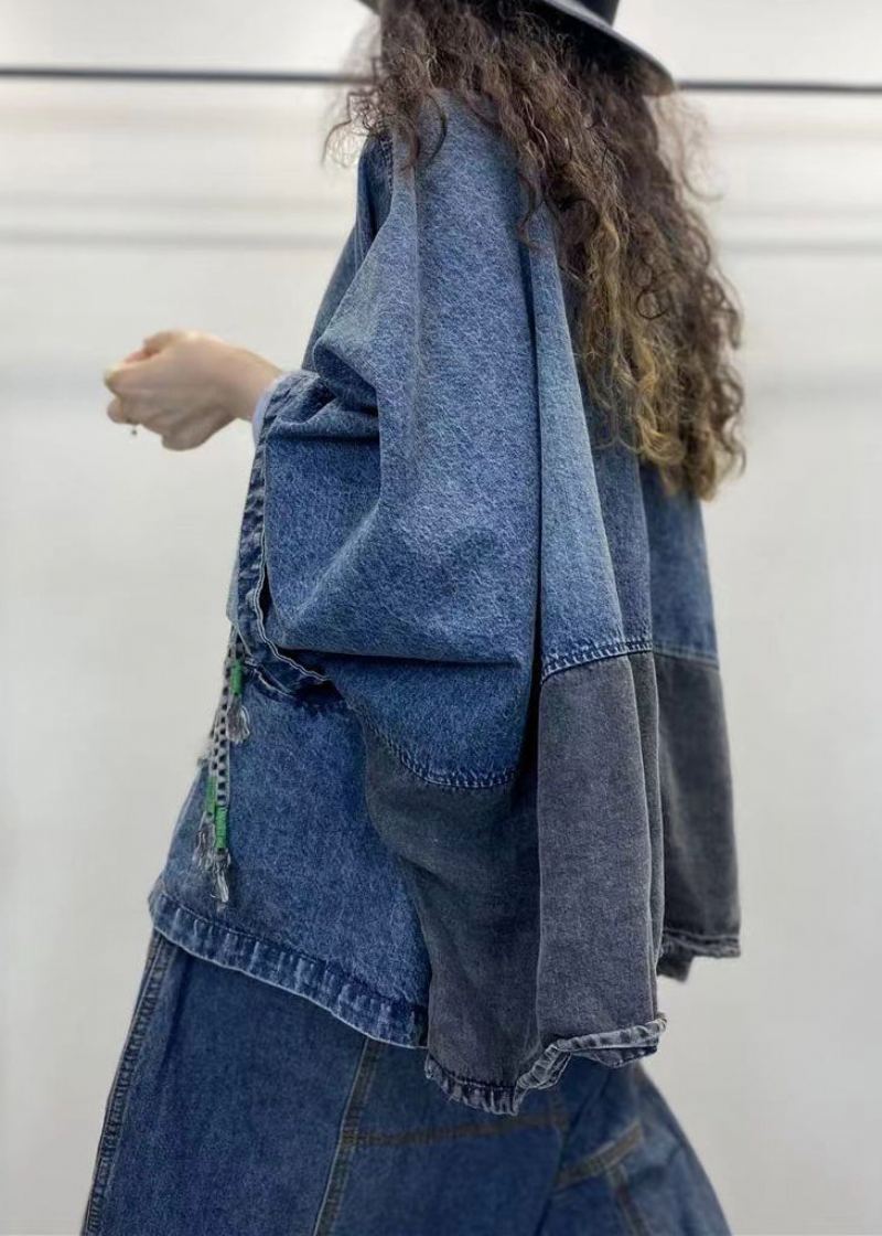 Lâche Bleu Col En V Bouton Patchwork Denim Manteaux À Manches Longues - Manteaux d'hiver femmes