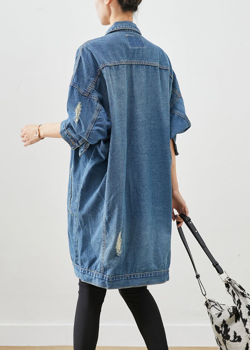 Lâche Denim Bleu Surdimensionné Poches Coton Déchiré Manteaux Automne - Manteaux d'hiver femmes