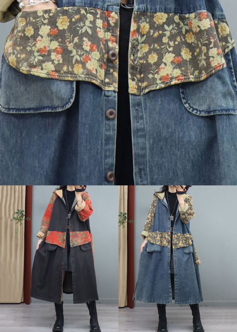 Lâche Noir À Capuche Poches Patchwork Denim Longs Manteaux Automne - Manteaux d'hiver femmes